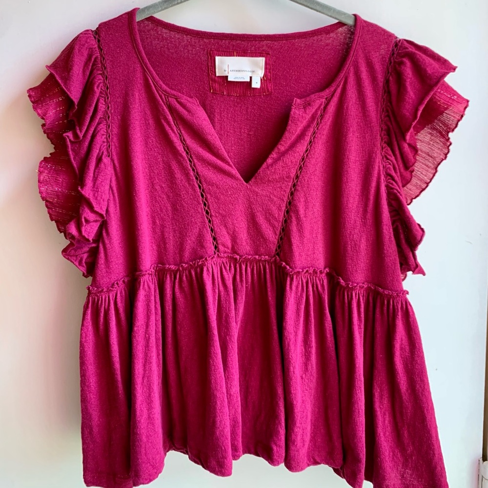 Anthropologie Ruffled Maroon and Gold Top